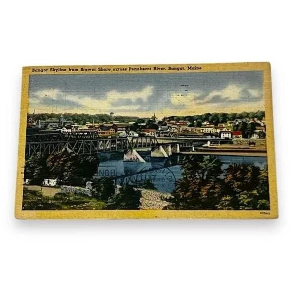 Postcard Bangor Skyline Brewer Shore Penobscot River Bangor Maine c1946 C252